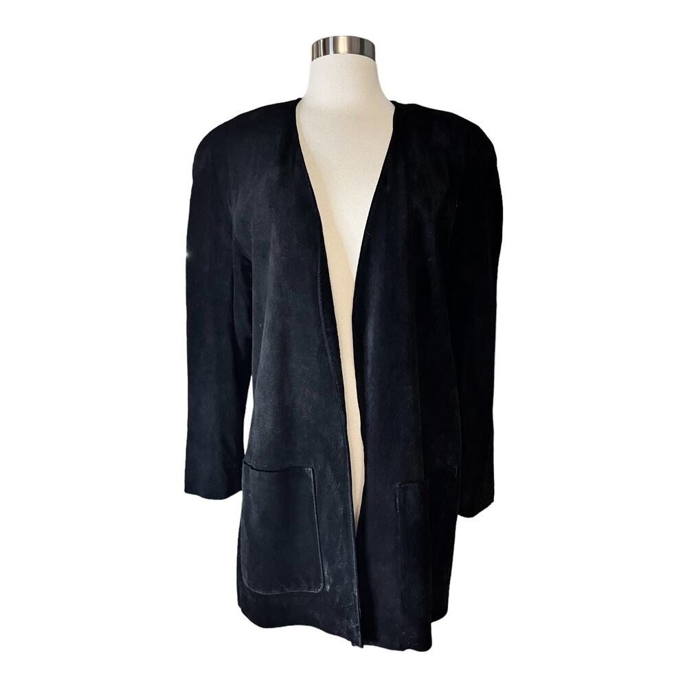 LORD & TAYLOR Suede Coat Black Open Leather Designer Boxy Pockets Korea 6 EUC